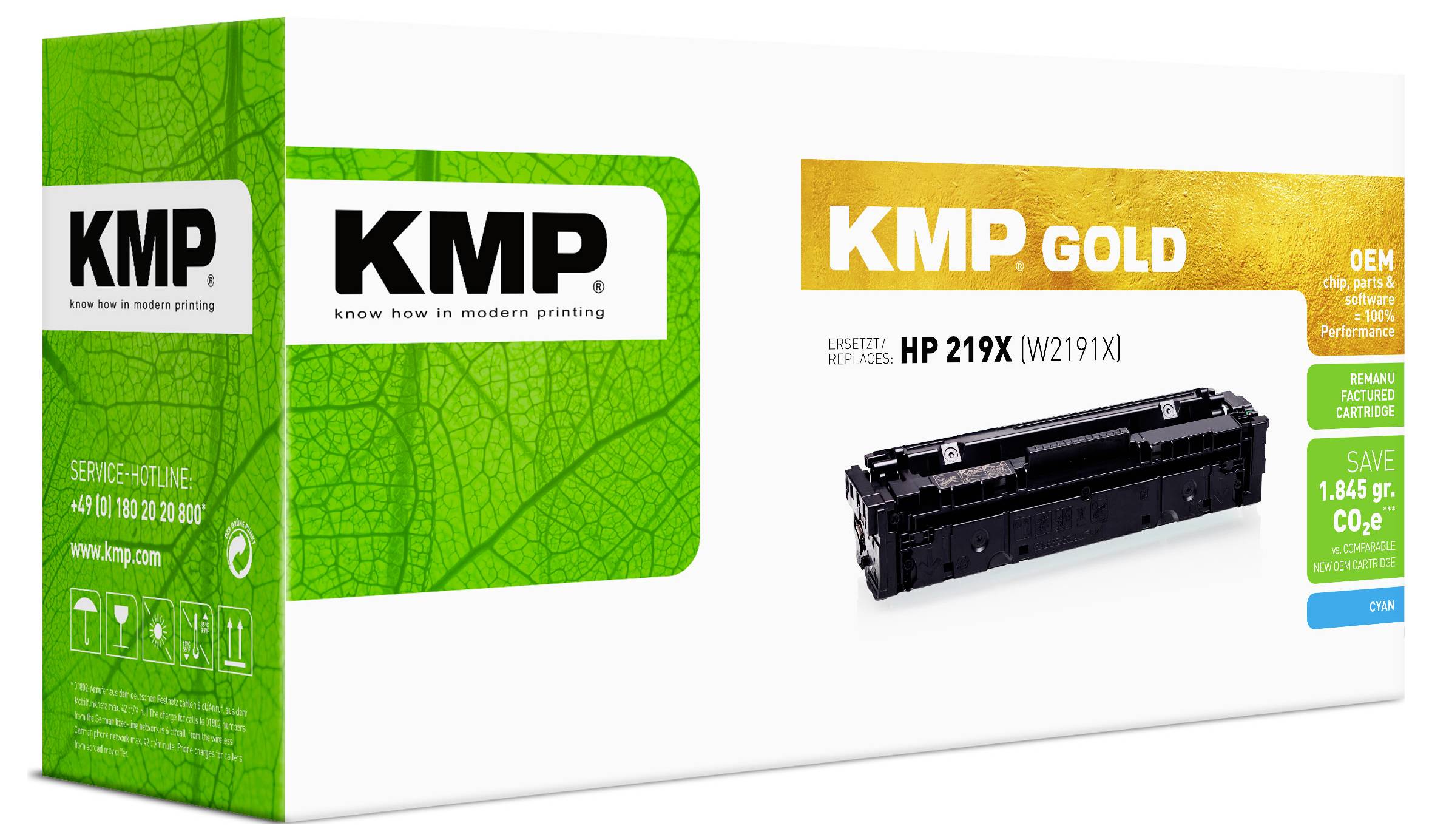 KMP Gold-printertoner-patront til HP 219X (W2191X), som viser patronen og kompatibel printermodel.