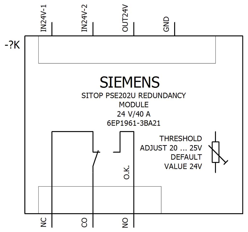 Ledningsdiagram for et Siemens SITOP PSE202U redundansmodul, 24 V/40 A, der viser input-/outputtermimaler, NC/CO/NO-kontakter og tærskelindstilling fra 20 til 25 V standardindstilling 24 V.