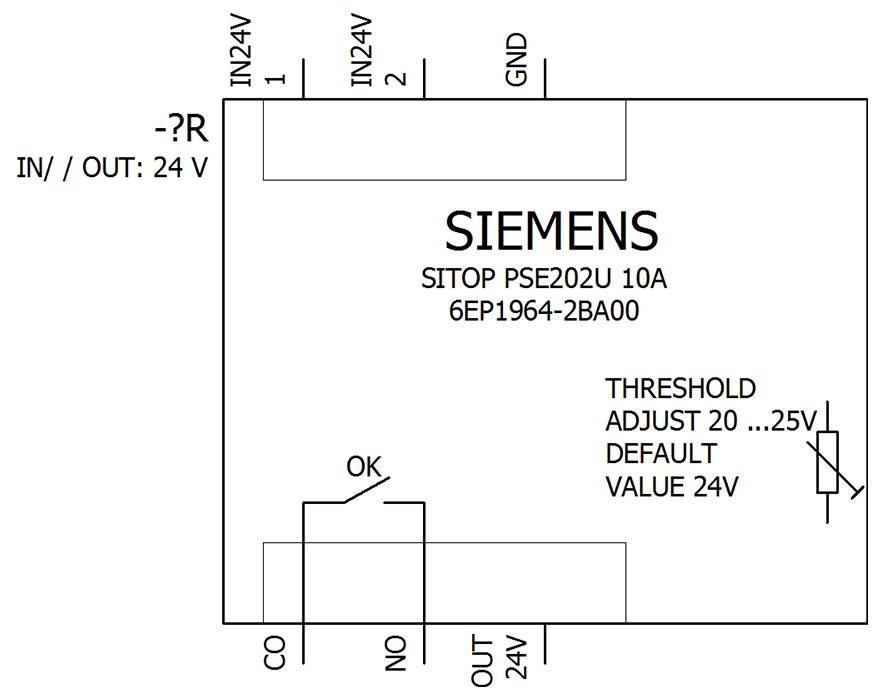 Diagram af et Siemens SITOP PSE202U 10A strømforsyningsmodul, der viser 24V IN/OUT-terminaler, OK-udgangskontakter og tærskelindstilling fra 20 til 25V med standard 24V.