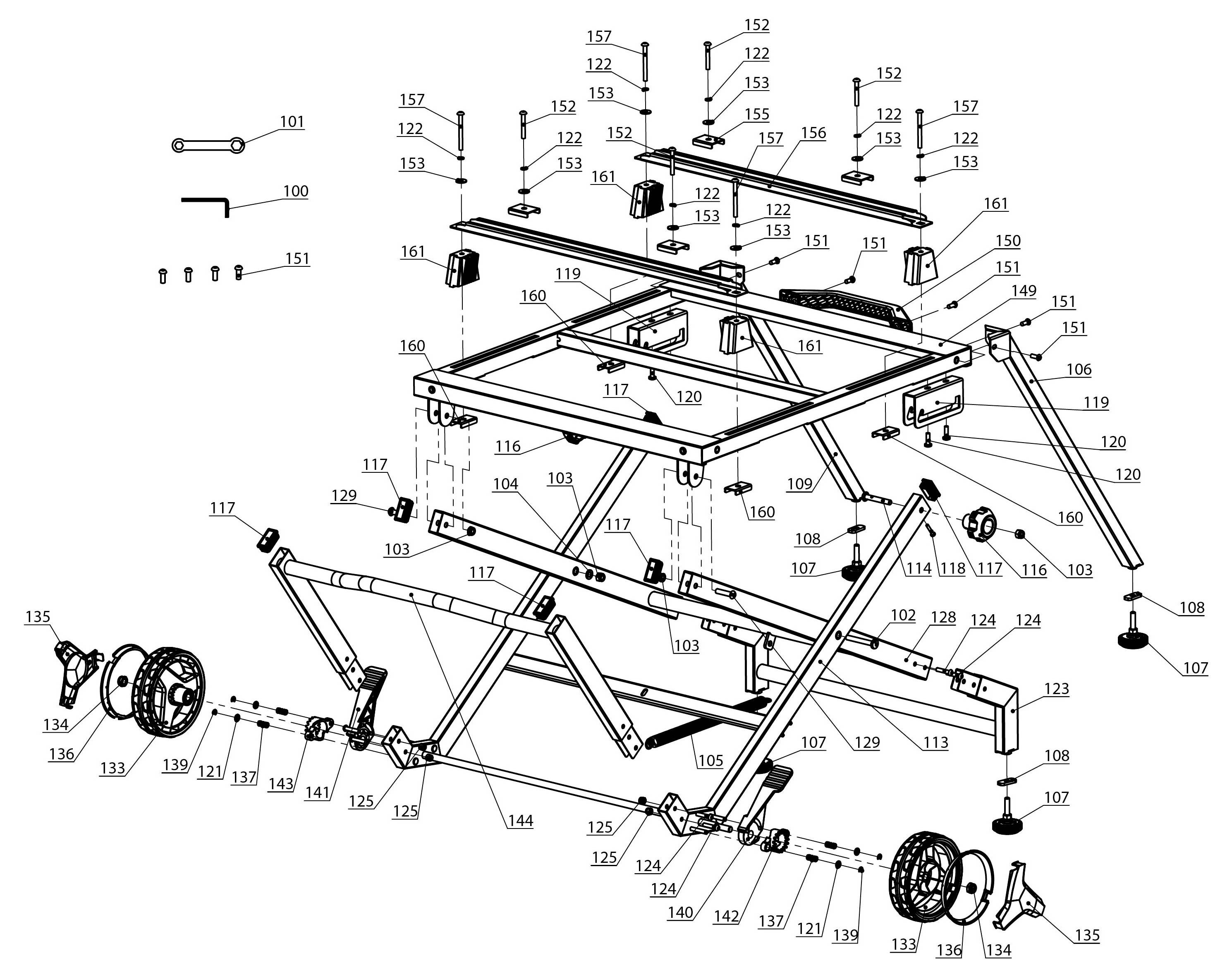 Ekspluderet teknisk diagram af en hjulet rammesamling, der viser nummererede dele, bolte, beslag, hjul og koblingselementer.