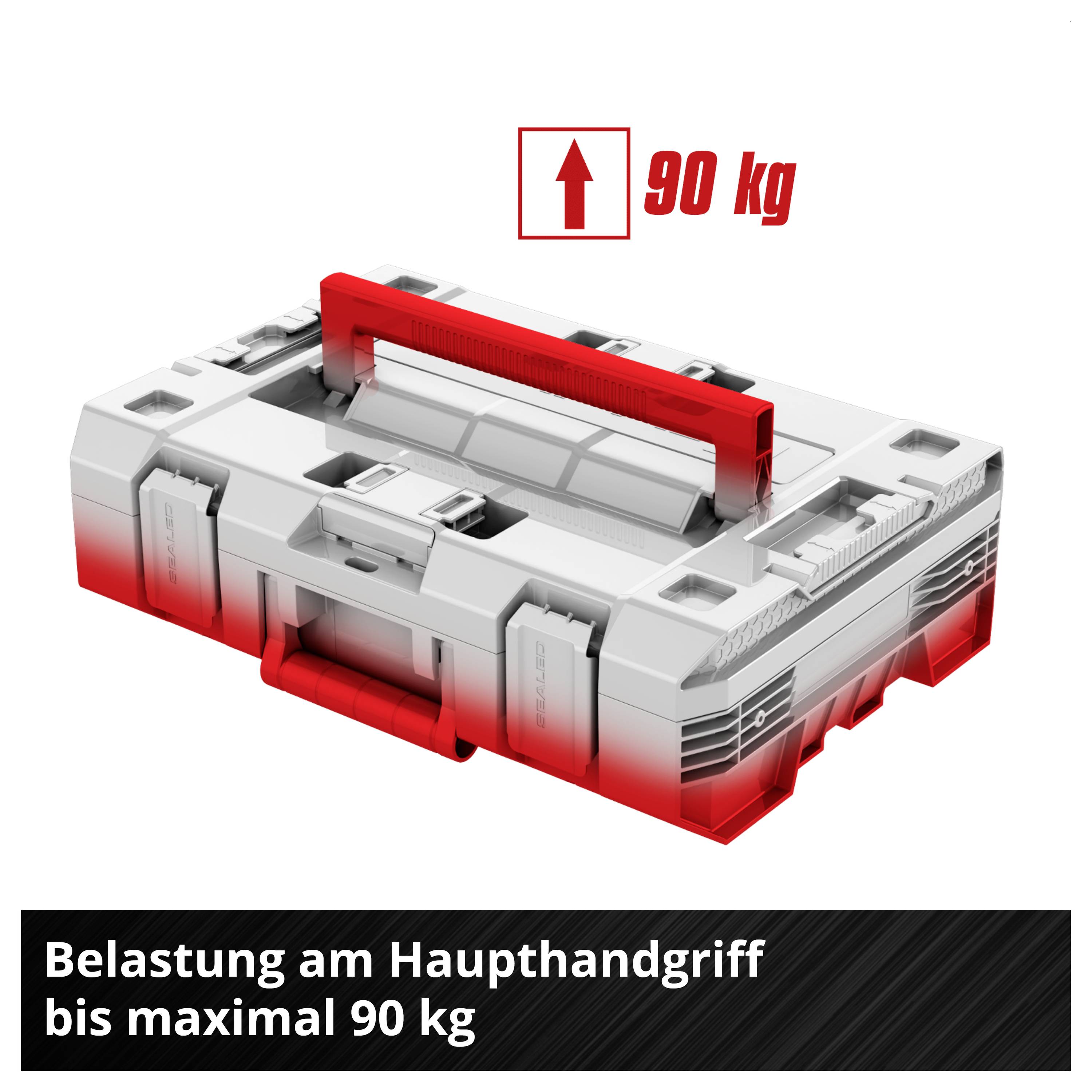 Bærekasse med hovedgreb; tilladt belastning op til maksimalt 90 kg.