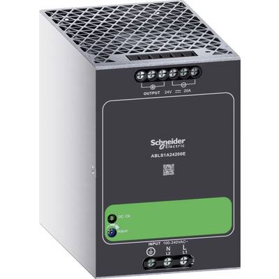 Schneider Electric strømforsyningsenhed, model ABL6TA2420DE, med udgangsterminaler øverst og indgangsterminaler nederst mærket 100–240VAC, 24V, 20A.