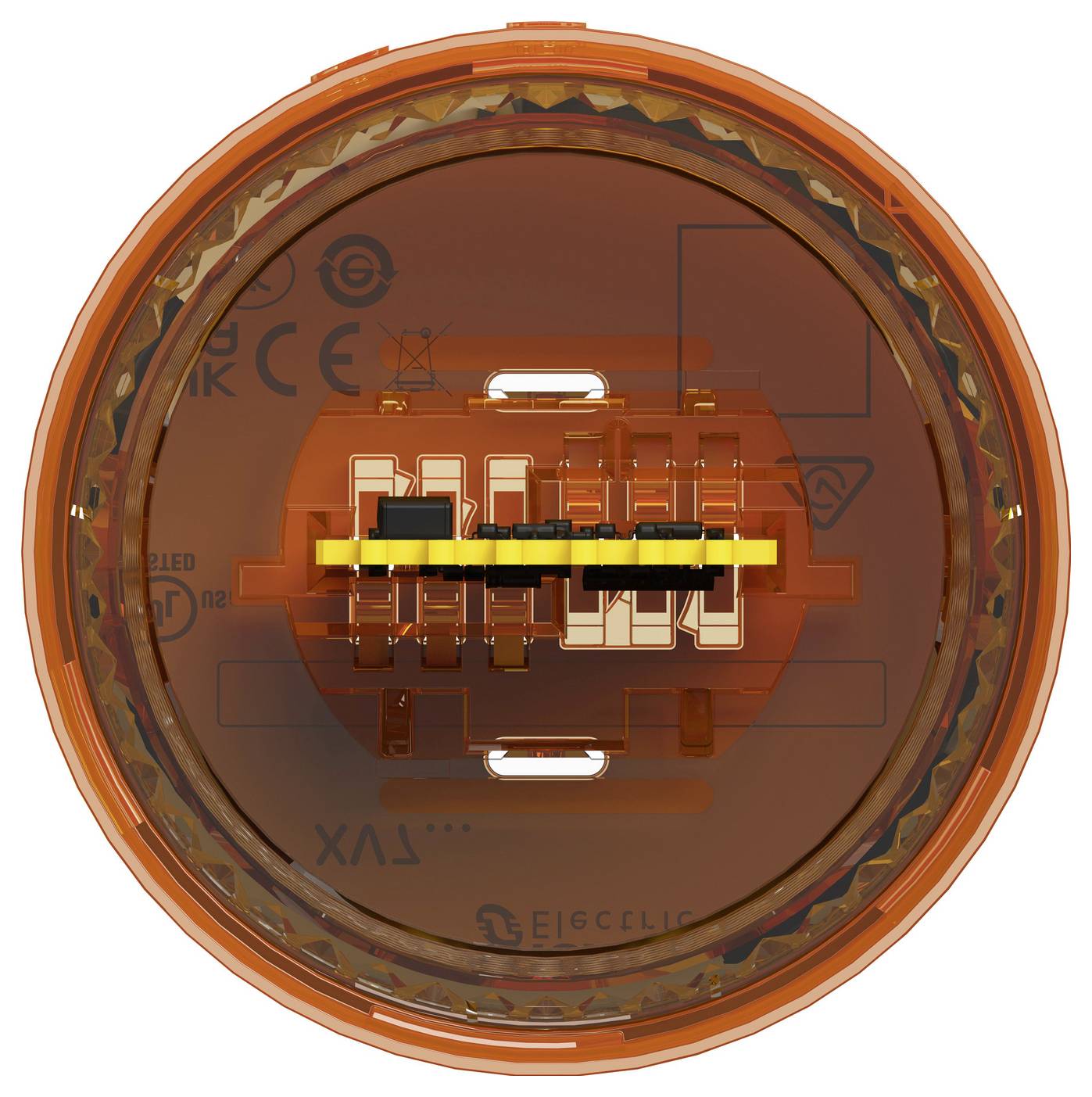 Orange cirkulær elektronisk komponent med transparent hus, der viser interne stik og ledningssamling i centrum.