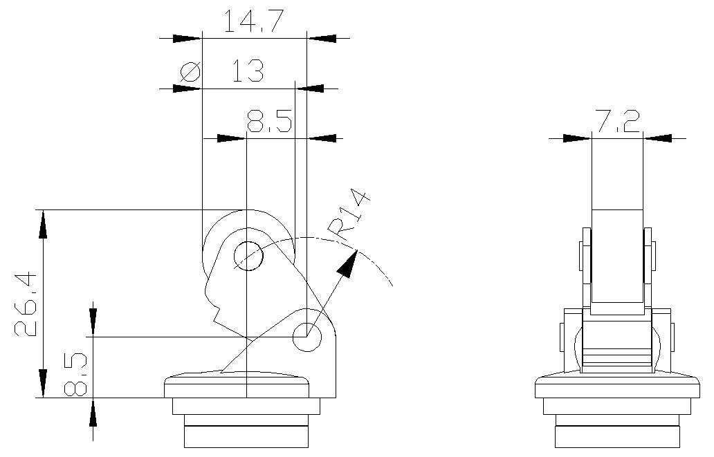 Teknisk tegning af et hjulmonteringssæt til transporthjul med side- og frontvisninger, der viser dimensioner i millimeter og en radius på 14 mm.