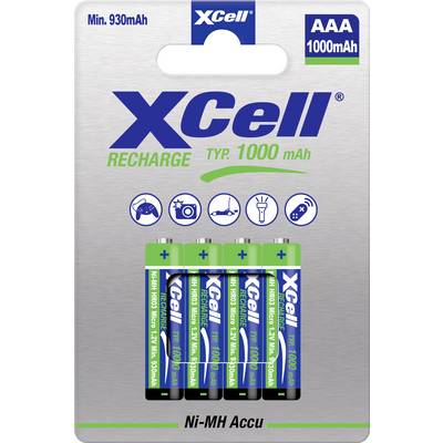 XCell genopladelige AAA Ni-MH batterier pakke, viser 4 batterier og 1000 mAh kapacitet, med 930 mAh minimum noteret.