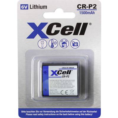 XCell CR-P2 6V lithiumbatteri-pakke, mærket 1500mAh, med produktfoto og sikkerhedsadvarselstekst.