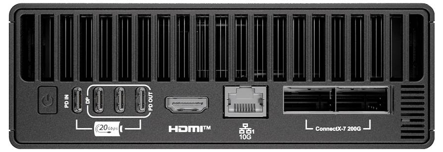 Bagsiden af en sort dockingstation med flere porte: strøm, to USB-C, HDMI, Ethernet og sikkerhedslåseslot.