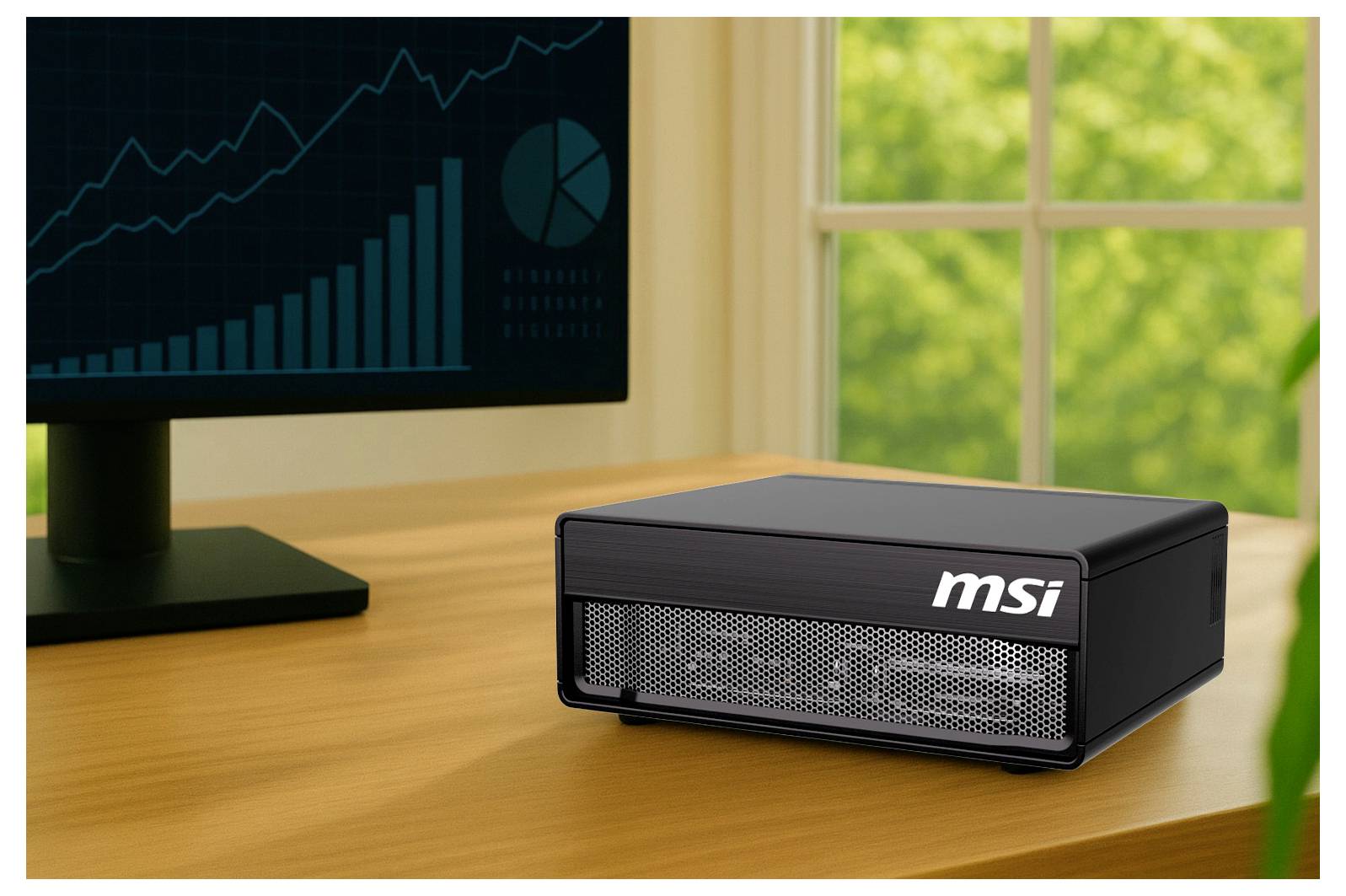 MSI mini-pc på et træbord ved siden af en monitor, der viser et finansielt diagram, med et lyst vindue i baggrunden.