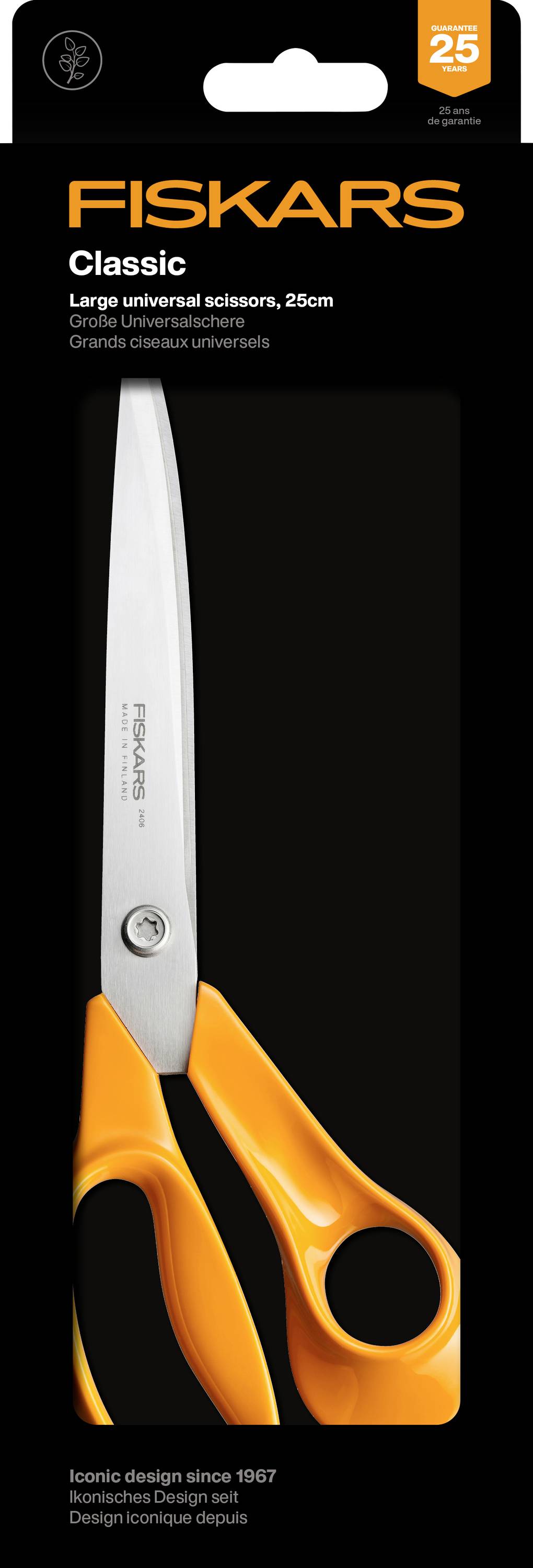 Emballage til Fiskars Classic store universalsakse, 25 cm, viser orange-håndterede sakse på et sort kort med teksten 'Ikonisk design siden 1967'.