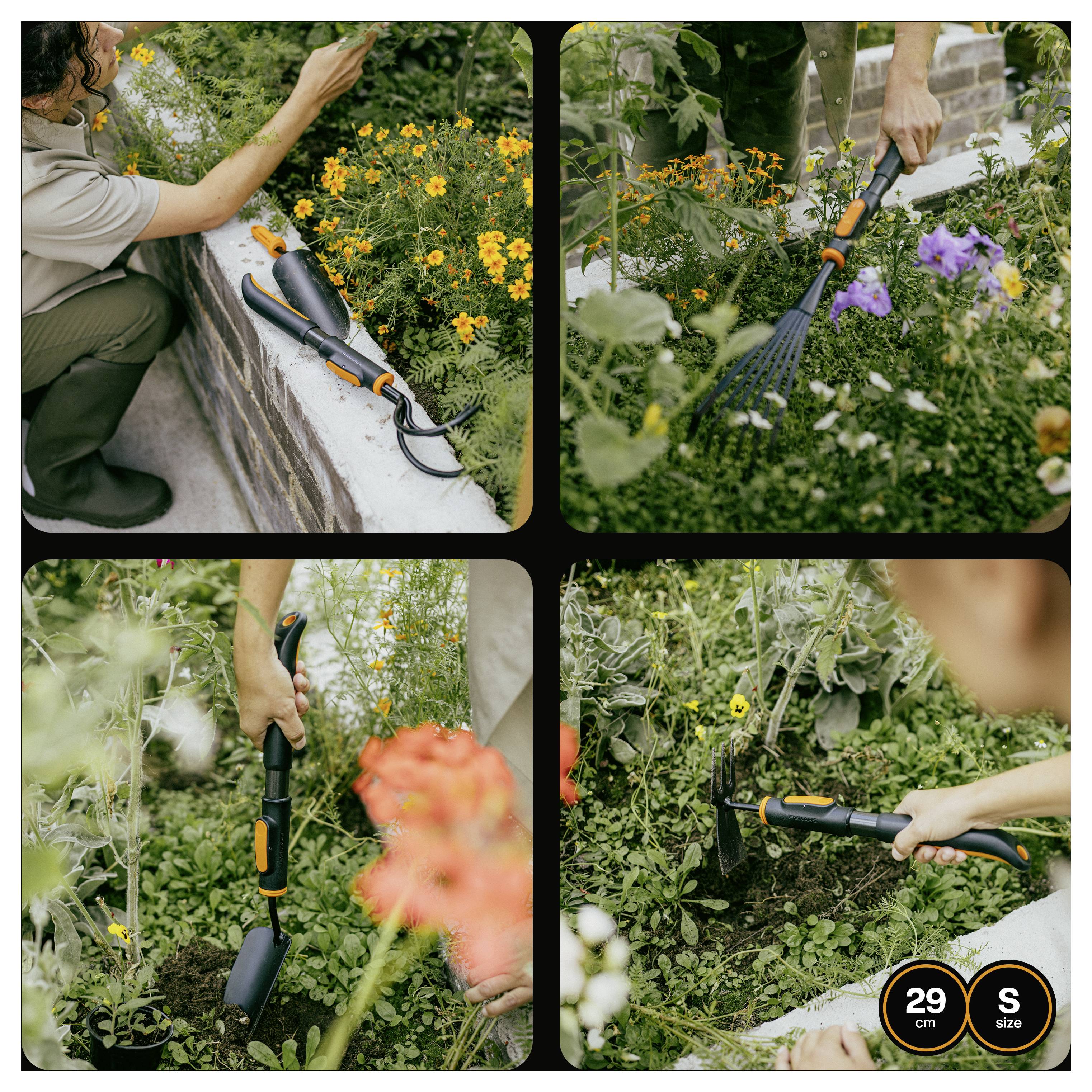 Firepanel collage af en person, der bruger et sort-og-orange haveværktøj til at fjerne ukrudt og dyrke blomsterrabatter blandt tæt vegetation og blomster.