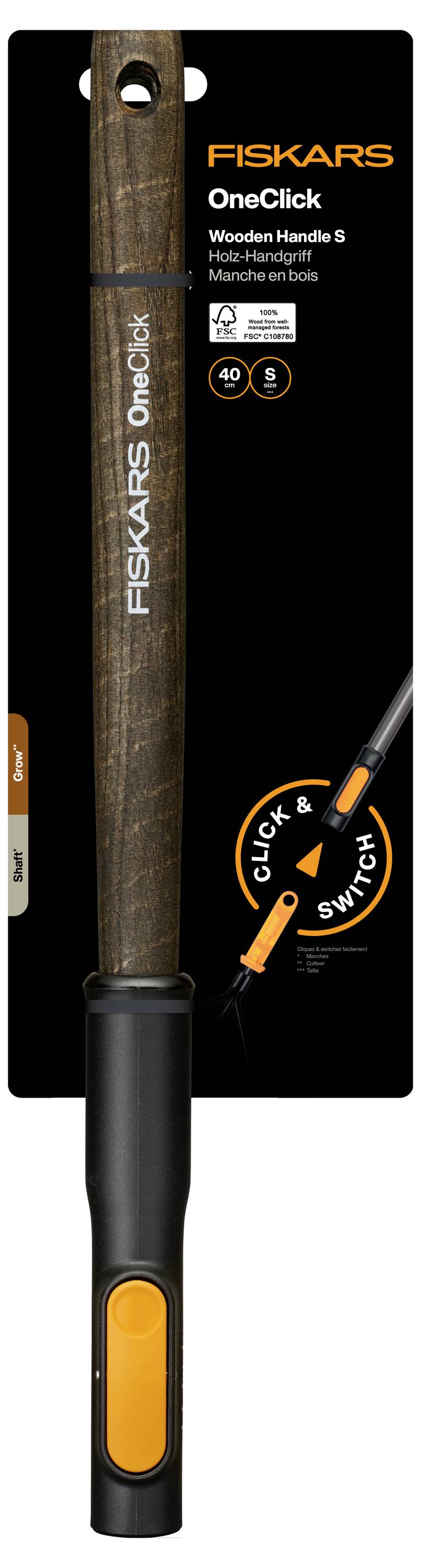 Fiskars OneClick trihane med træskaft, aluminiumblad, orange click-and-snap-skaft og 'Click & Twist'-funktion vist på produktemballagen.