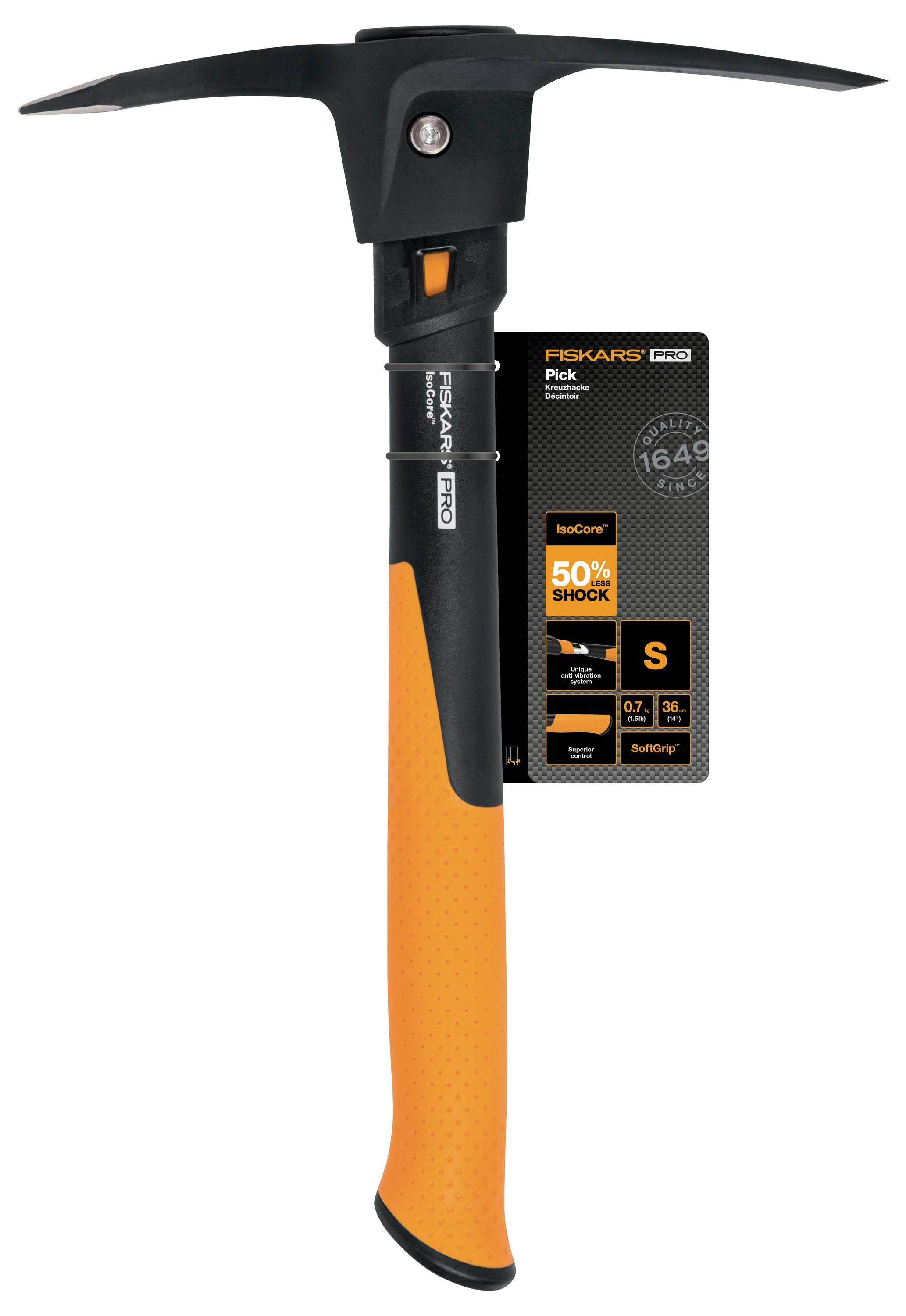 Fiskars Pro ispickehammer med sort hoved og orange håndtag, vist med produktetiket på hvid baggrund.