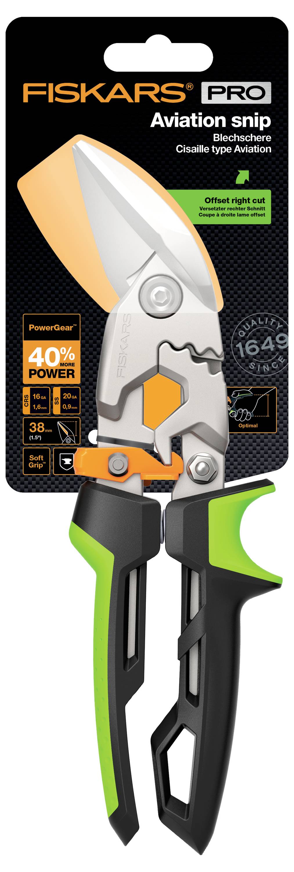Pakke med Fiskars Pro Aviation Snip, der viser orange-og-sølvfarvede metalsakser med sorte og grønne håndtag og etiketter, der fremhæver 40% kraft og højre-/venstrehånds skærekapacitet