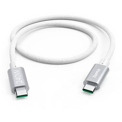 Hvidt USB-C-opladningskabel med sølvfarvede stik mærket '240W' og 'hama' på en ensfarvet baggrund.