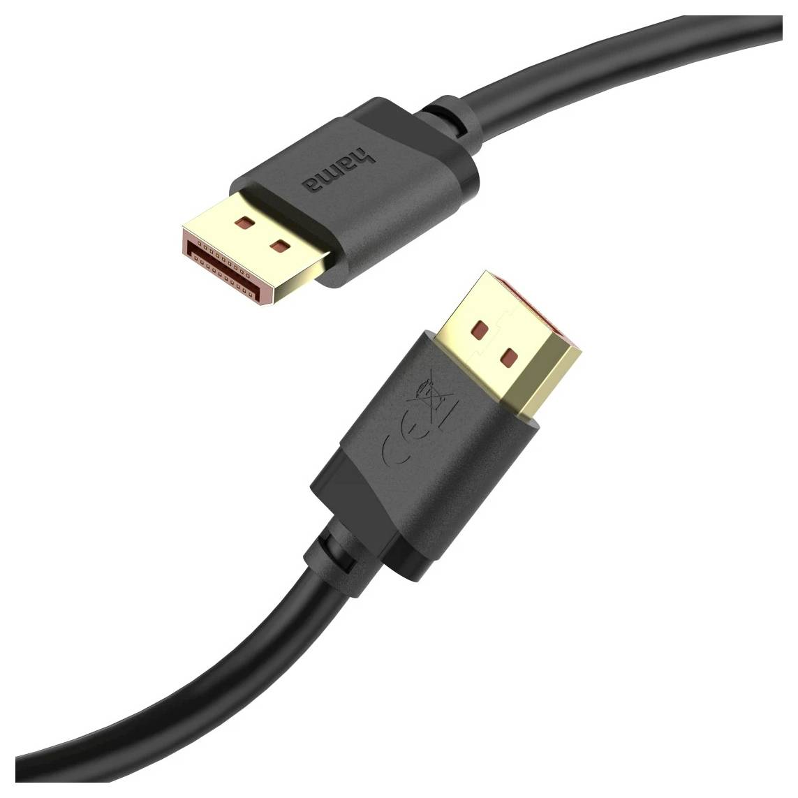 To HDMI-kabelstik på en hvid baggrund, der viser en standard han-til-han HDMI-kabelstik i nærbillede.