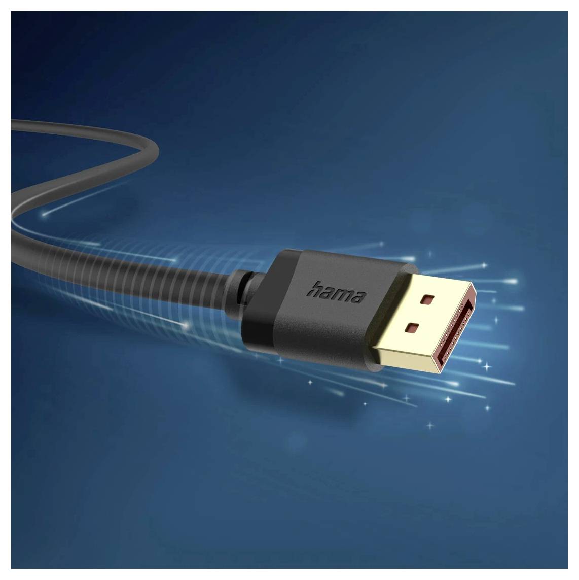 Nærbillede af en sort Hama HDMI-kabelstik på en blå baggrund med bevægelsesstreger, der viser det guldbelagt plugtip.