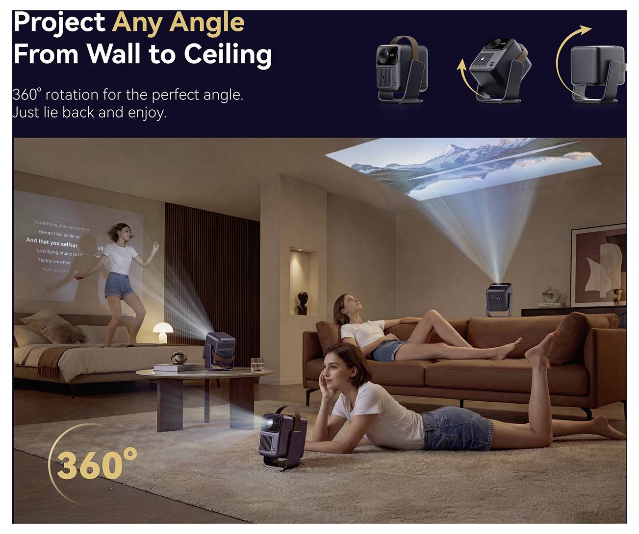 Reklamebillede af en bærbar projektor, der viser 360° rotation og væg-til-loft-projektion, med mennesker, der projicerer film i en stue, og teksten "Projicér fra Enhver Vinkel Fra Væg til Loft".