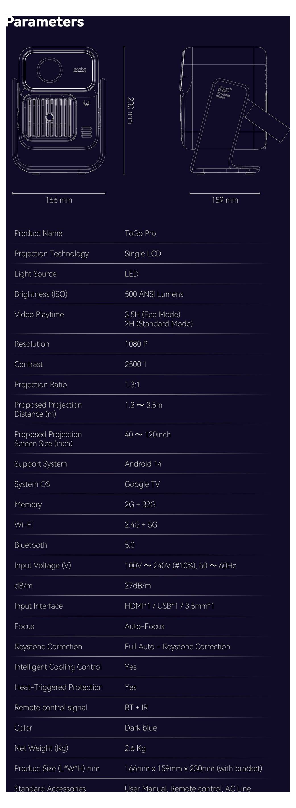 Mørkeblødt produktspecifikationsark for Toio Pro-projektoren, der viser front- og sidevisninger med dimensioner og en liste over funktioner som 4K-understøttelse, Android TV, Wi-Fi, Bluetooth og autofokus.