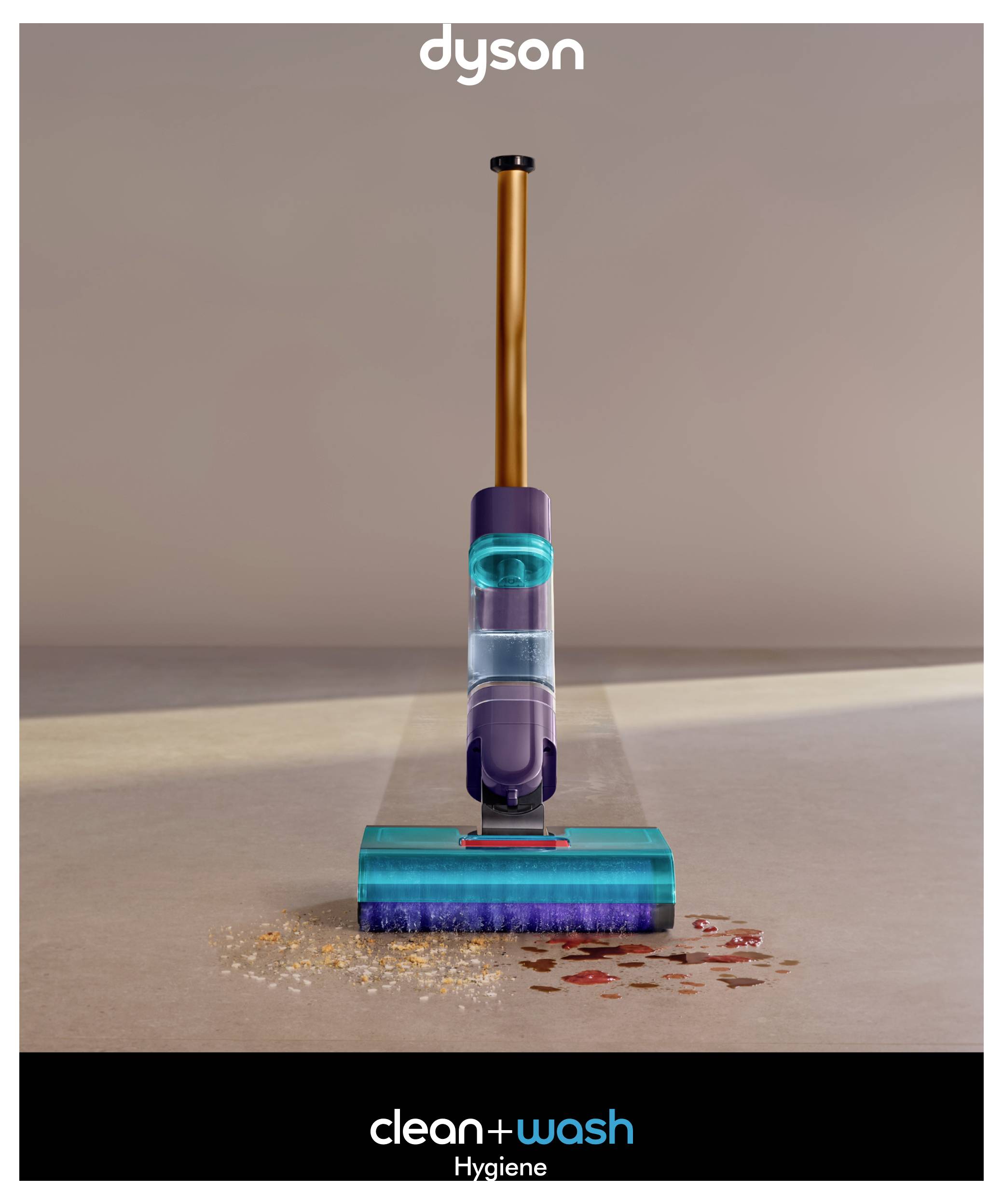 Dyson Clean+Wash-støvsugeren står oprejst på gulvet og rengør spildt skrald og væske.
