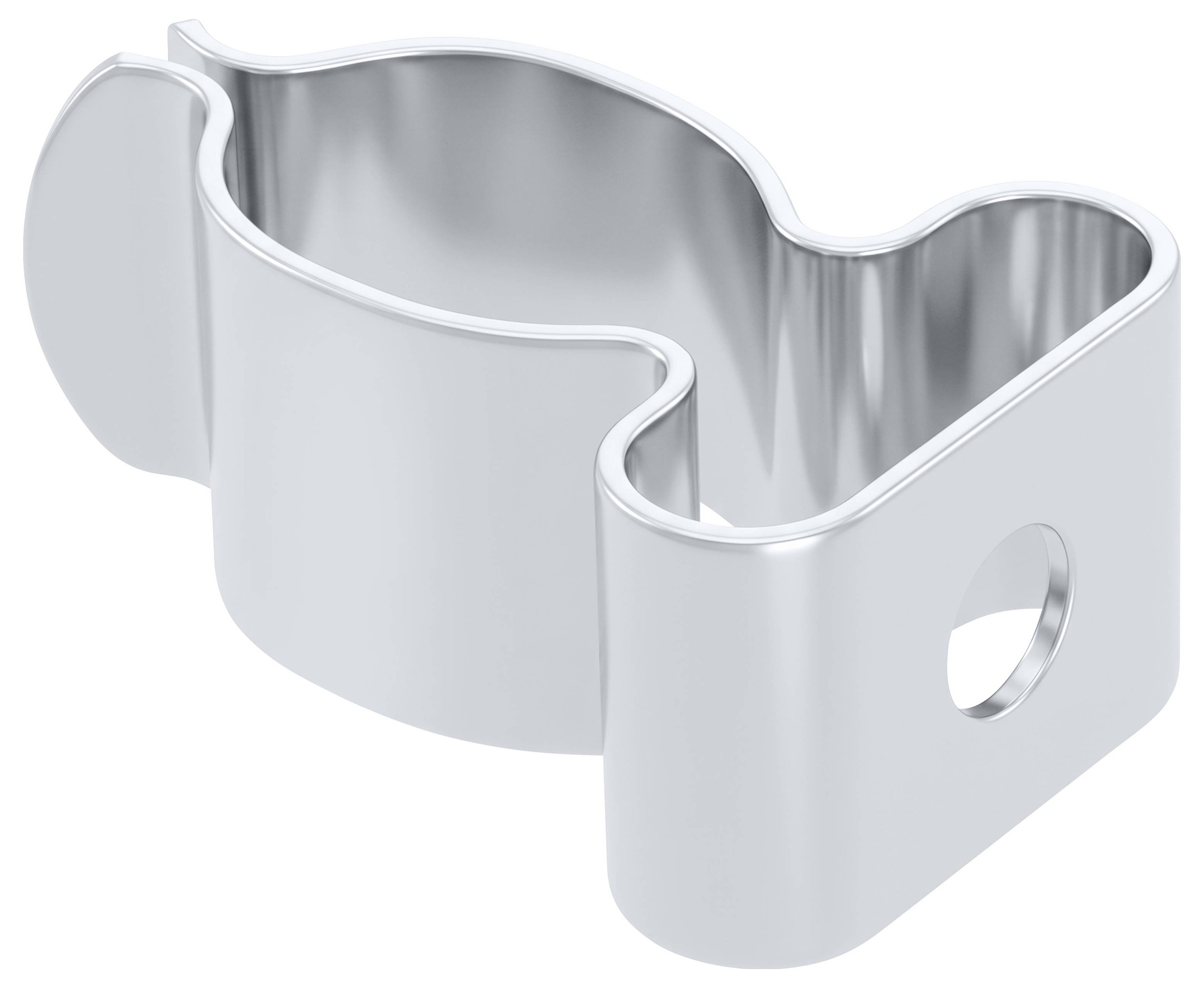 Sølvmetalklips med et cirkulært hul i den ene ende, vist i en produktstil isoleret visning på hvid baggrund.
