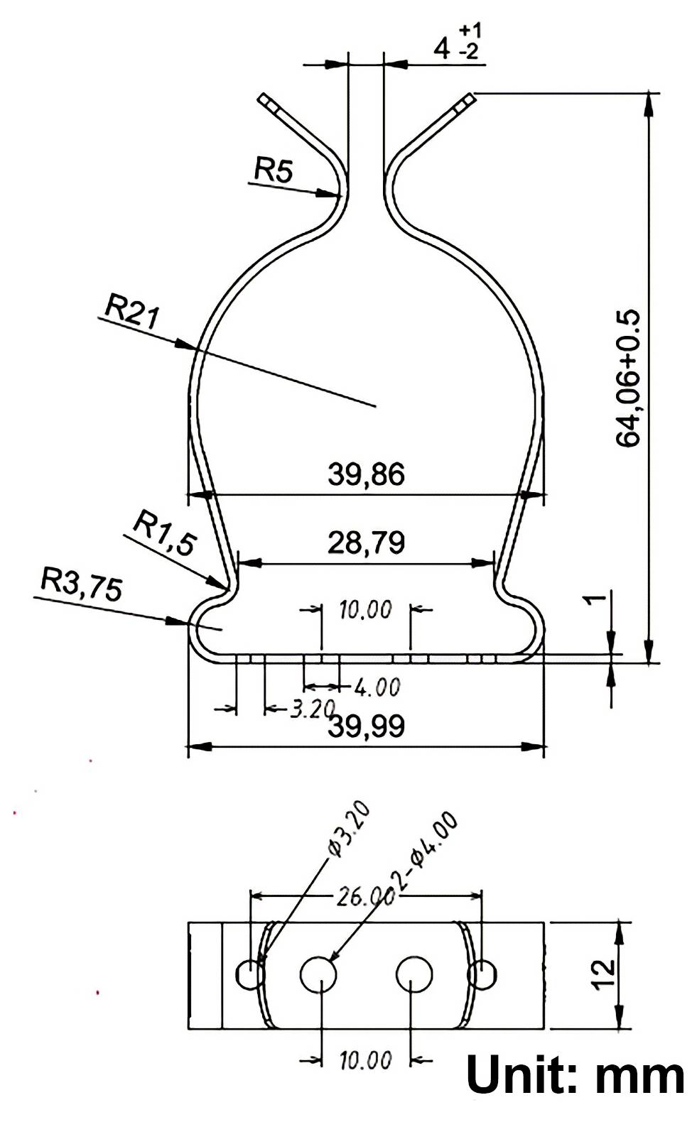 Teknisk tegning af en glaskrurkenlignende beholder med mærkede dimensioner i millimeter, der viser frontal- og sidevisninger samt målinger såsom 64,0 høje og 39,99 bundbredde.