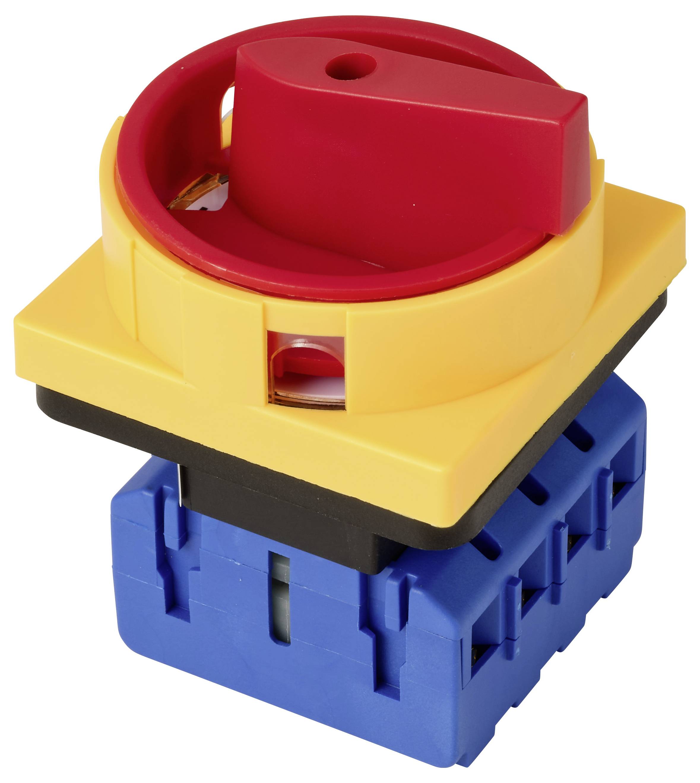 Rød-gul rotationselektrisk afbryderkontakt på en blå base, der bruges til at isolere strøm.