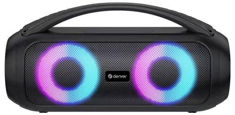 Sort bærbar højtaler med håndtag og to lysende RGB-ringlys på fronten, mærket 'denver'.