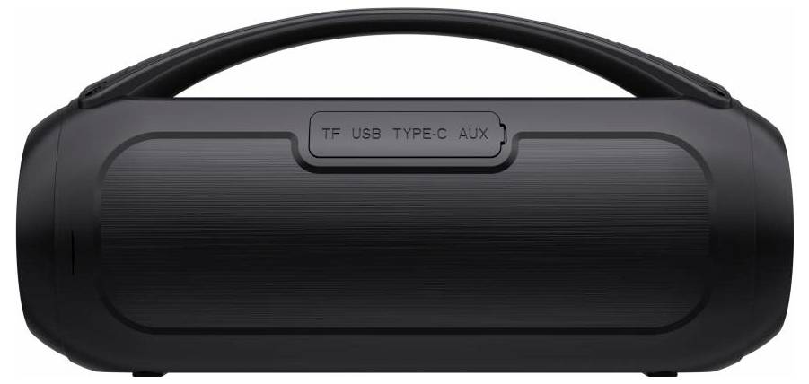 Sort bærbar højttaler med bærehåndtag og topbetegnelser med 'TF', 'USB', 'TYPE-C' og 'AUX'