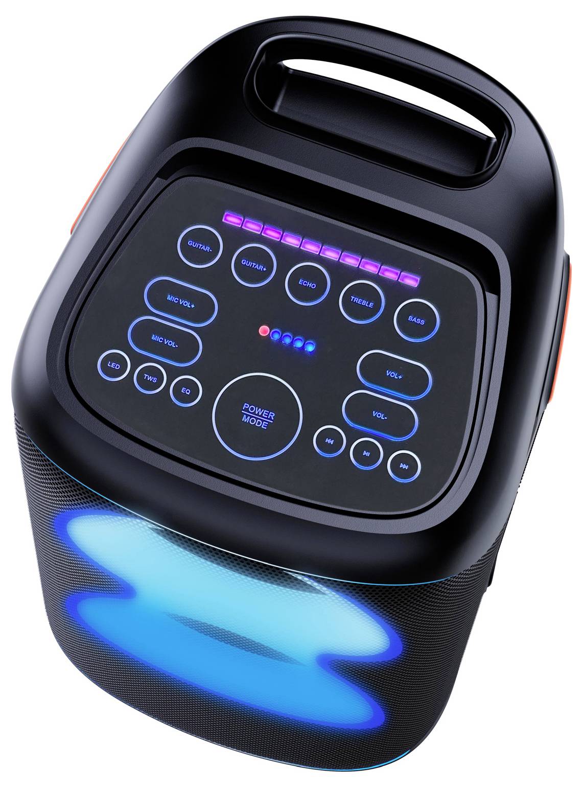 Bærbar Bluetooth-højttaler med kontrolpanel på toppen, oplyst knapper og LED-lysring på forsiden.