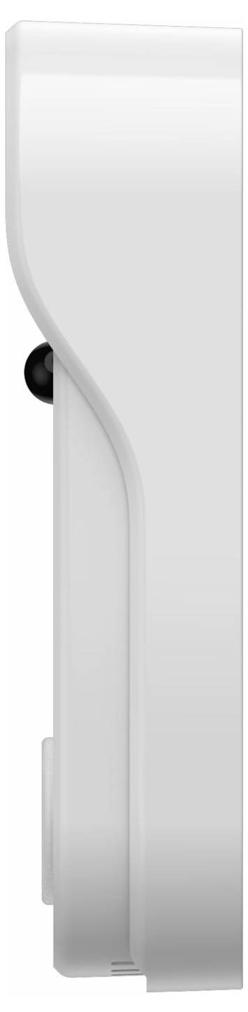 Sidevisning af en hvid væghængt enhed eller dispenser med en buet front og en lille sort cirkulær sensor eller knap på venstre side.