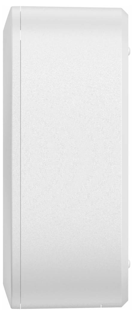 Hvidt rektangulært vægmonteret elektrisk kabinet med plain frontpanel og sidelåse.