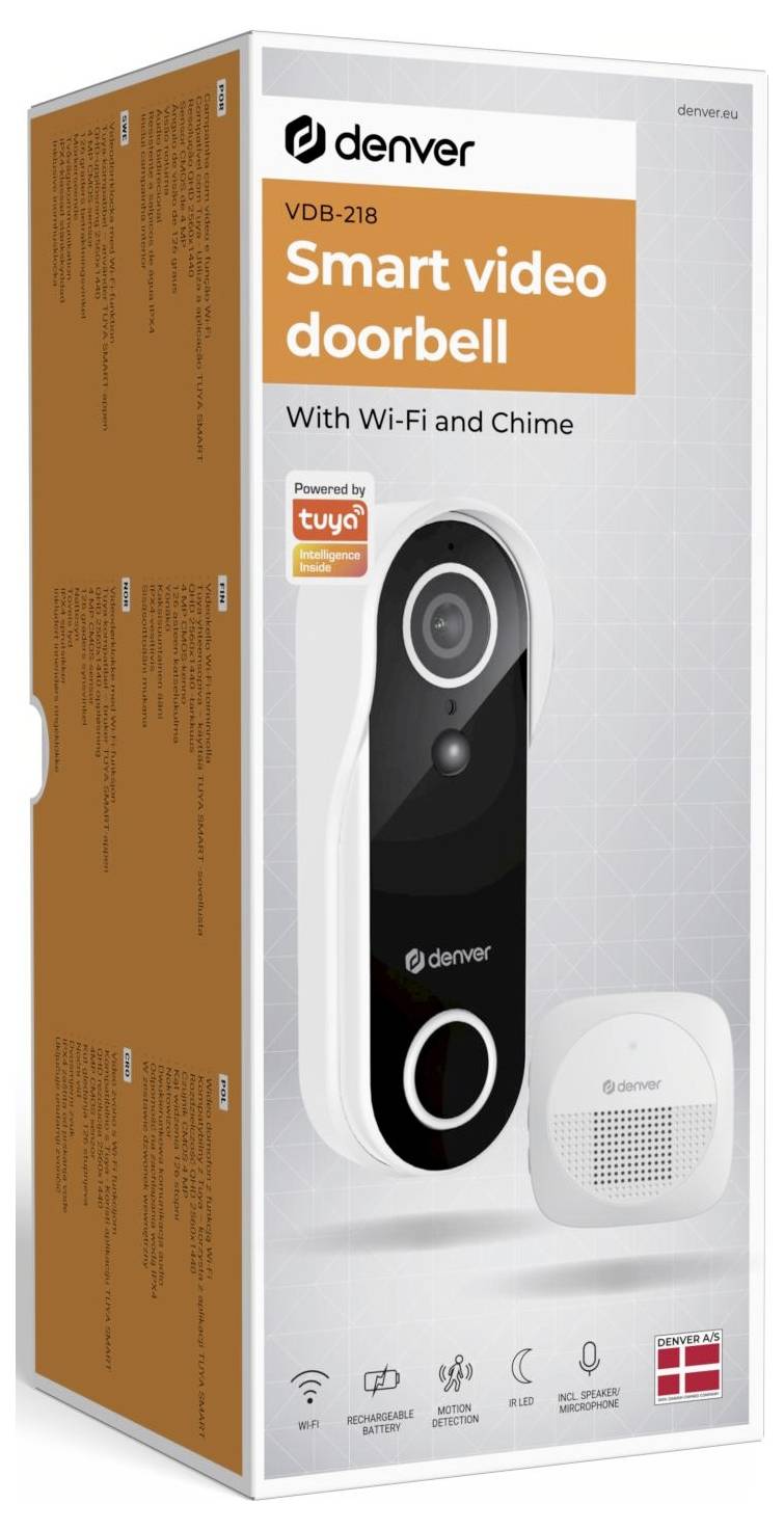 Emballage til en Denver VDB-218 smart videodørklokke med Wi‑Fi og klokke, som viser dørklokkekameraet og den medfølgende klokkekontakt.