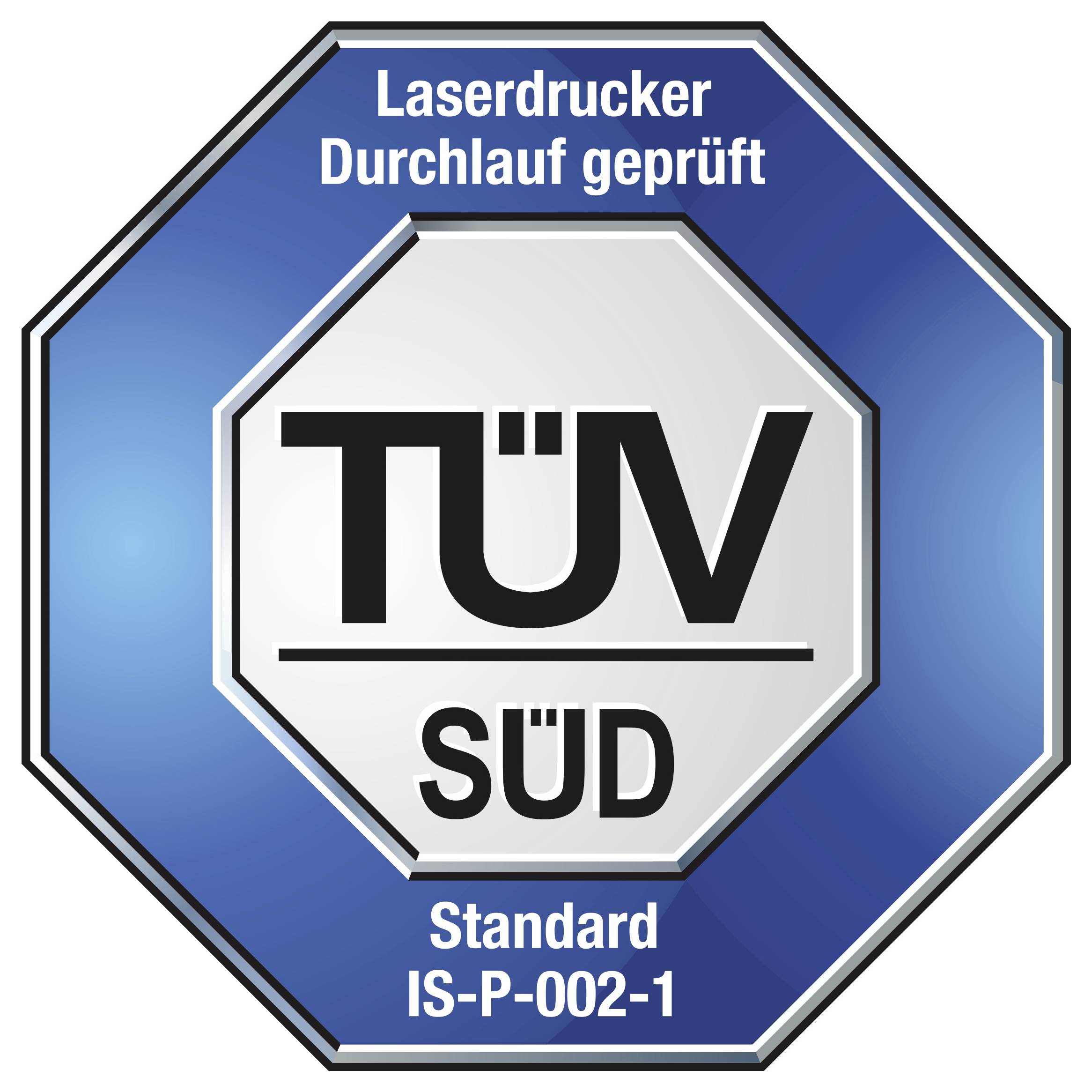 TÜV SÜD-godkendelsesmærke for laserprintere med påskriften 'Laserprintere gennemløb testet' og 'Standard IS-P-002-1'.