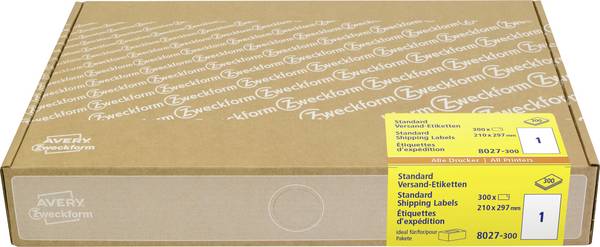 Avery-Zweckform 8027-300 Adresseetiketter 210 x 297 mm Papir Hvid 300 stk Permanent (med stærk klæbeevne) Inkjetprinter, Laserprinter, Farvelaserprinter
