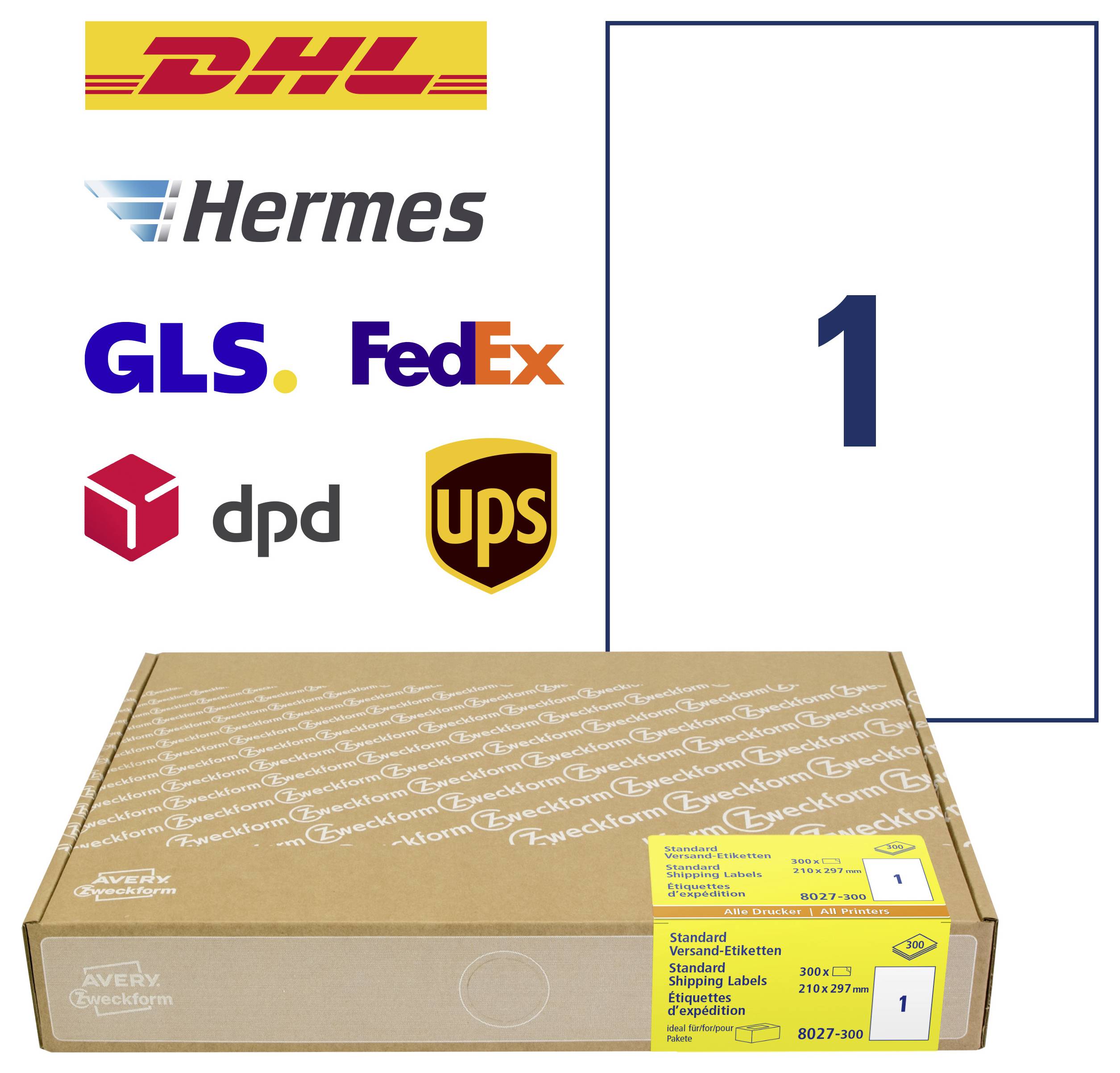 Pakkeforsendelseskasse med etiketter til DHL, Hermes, GLS, FedEx, DPD og UPS, plus et stort "1" på højre side, der angiver trin 1 eller mængde 1.