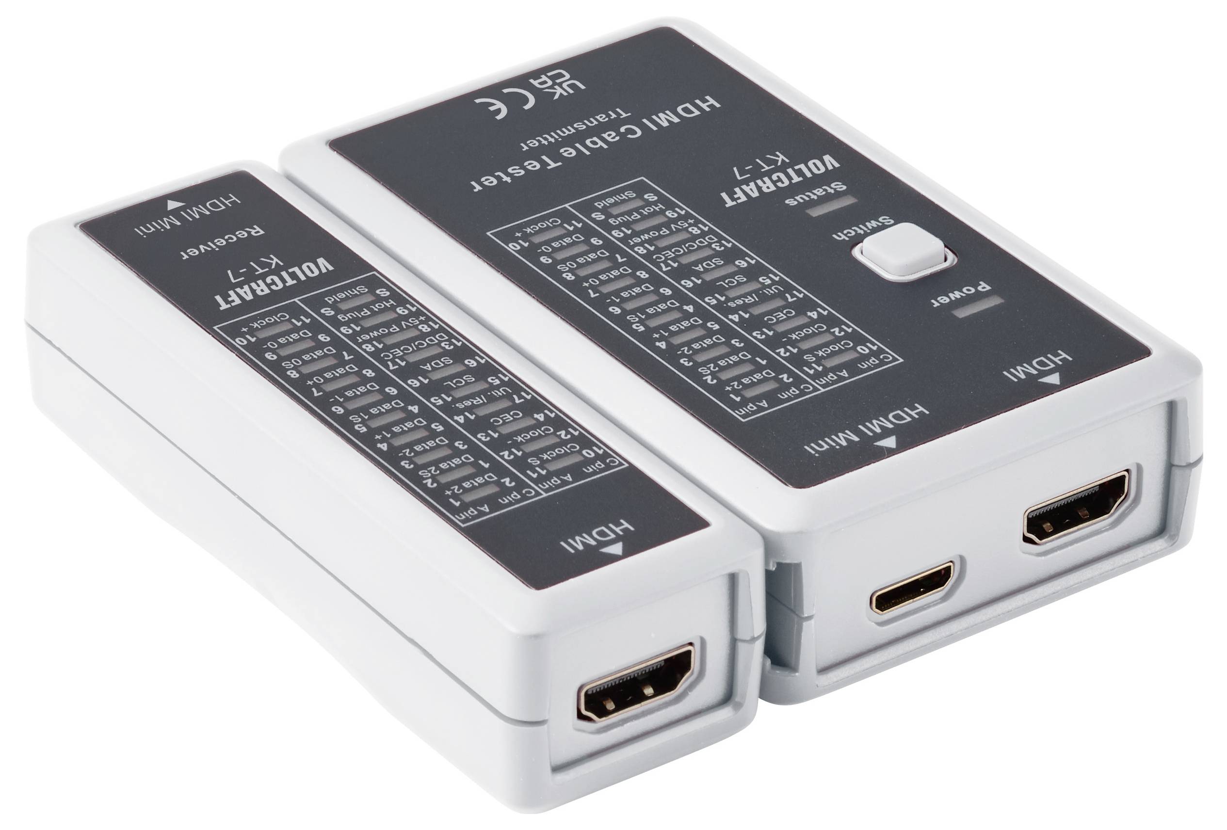 To white HDMI spændingstesters enheder med mærkede topplader og HDMI-porte, vist side om side på en hvid baggrund.
