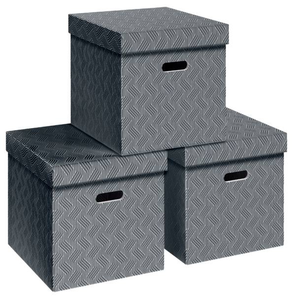 Tre stablede grå patterned opbevaringskasser med låg og håndtagsudskæringer, vist mod hvid baggrund.