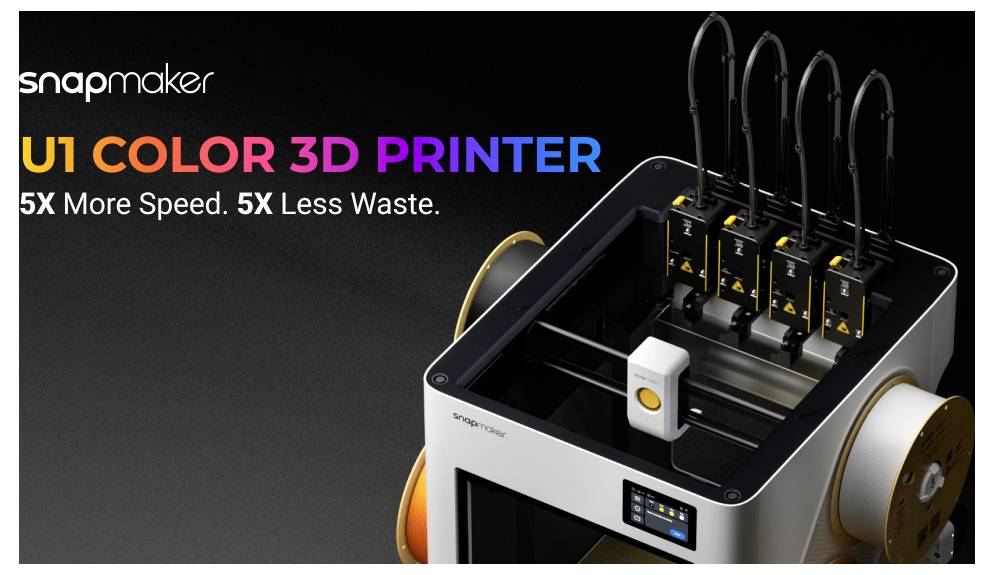 Snapmaker 'U1 COLOR 3D PRINTER' kampagne viser en 3D-printer og påstanden '5X Hurtigere. 5X Mindre Spild.'