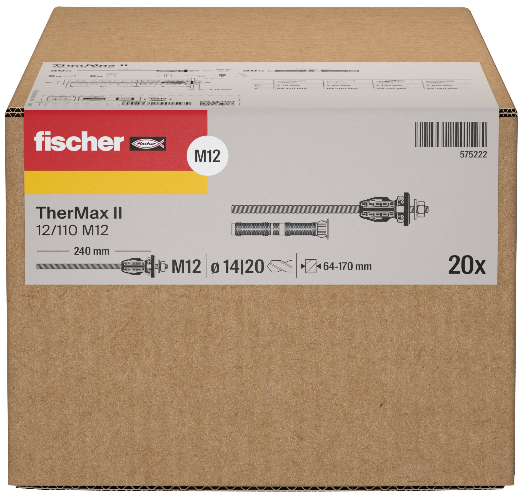 Æske fischer TherMax II M12 ankre, mærket 20x, med produktdiagram og dimensioner på forsiden.