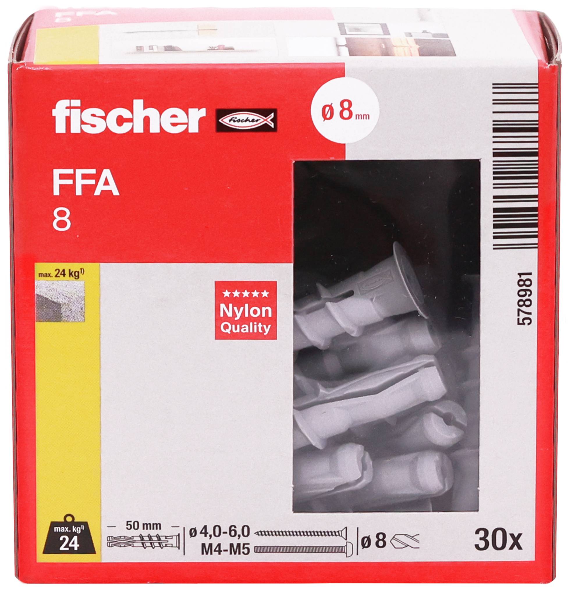 Pakke med Fischer FFA 8 nylon-ankre, ø8 mm, 30 stk., maks. bæreevne 24 kg, med produktbillede og specifikationer på æsken.
