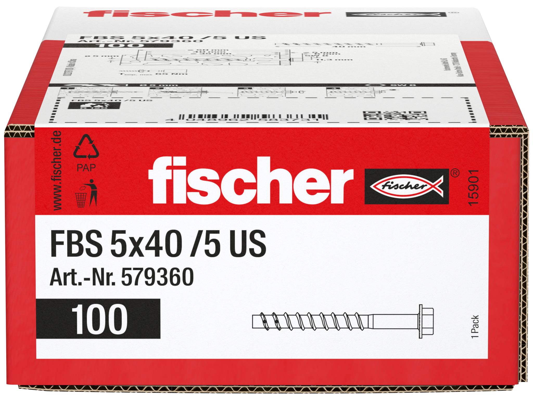 Æske med Fischer FBS 5x40/5 US skruer, Art.-nr. 579360, pakke med 100.