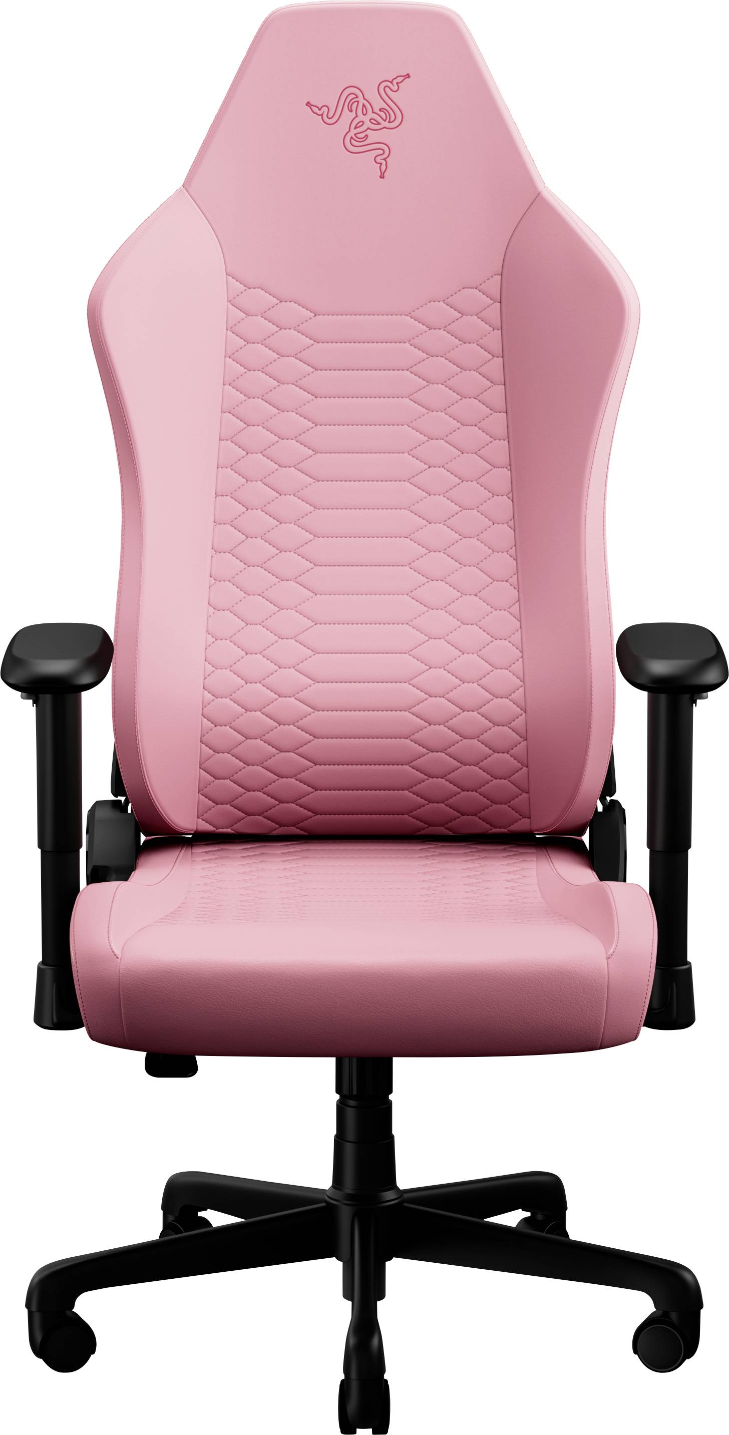 Rosa Razer-gamingstol med sorte armlæn, base og hjul, vist forfra på hvid baggrund.