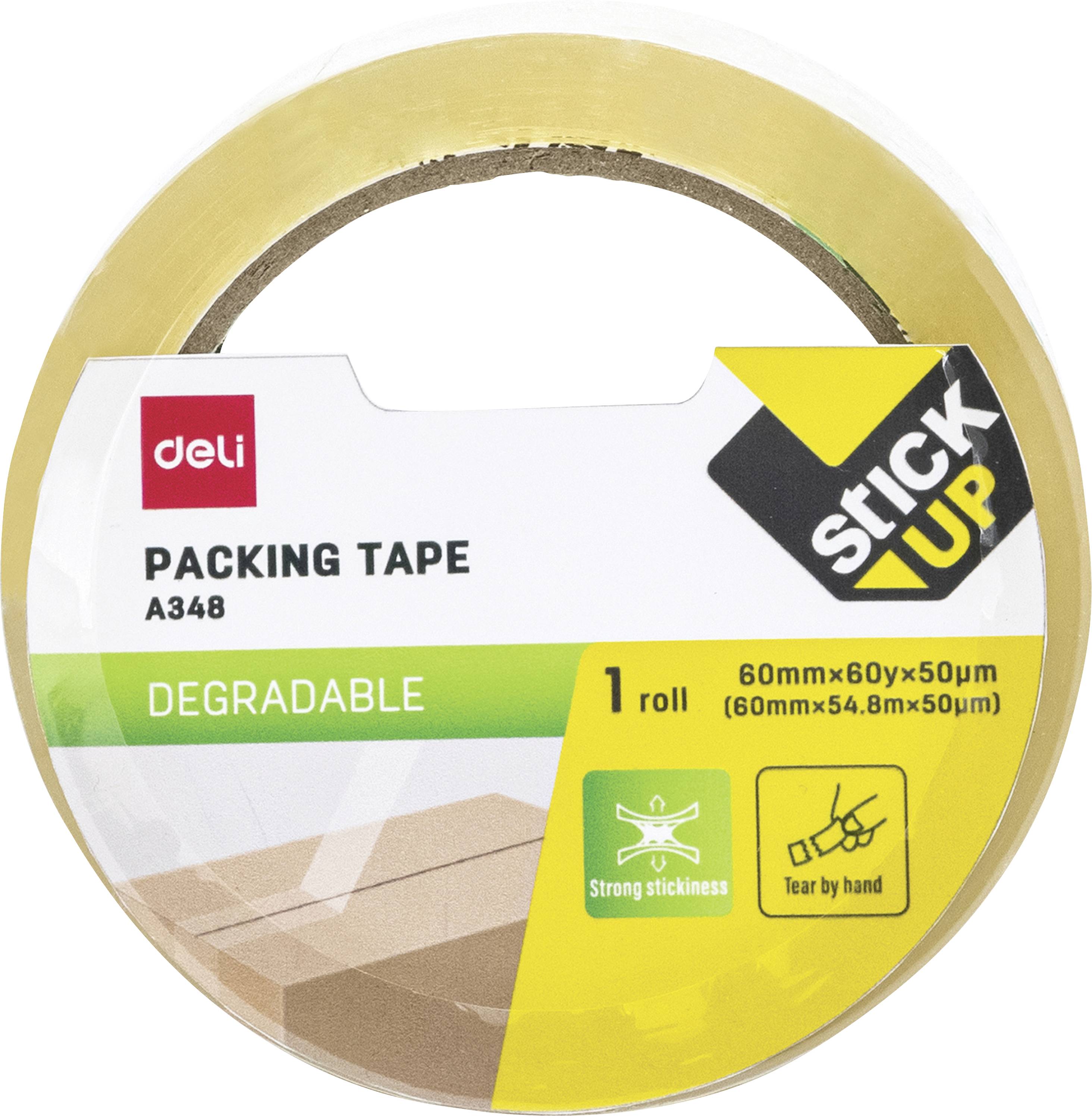 Rund rulle af Deli 'pakketape' pakningsbånd mærket 'Nedbrydelig', 'klæber godt' og '1 rulle', med tapets dimensioner og brugsikonier på hvid baggrund.