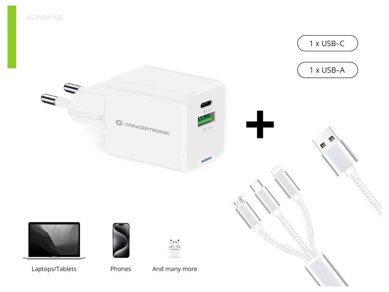 Conceptronic ALTHEA16W 2-Port 33W GaN USB PD Charger USB-oplader 33 W USB-A, USB-C® Hvid-4