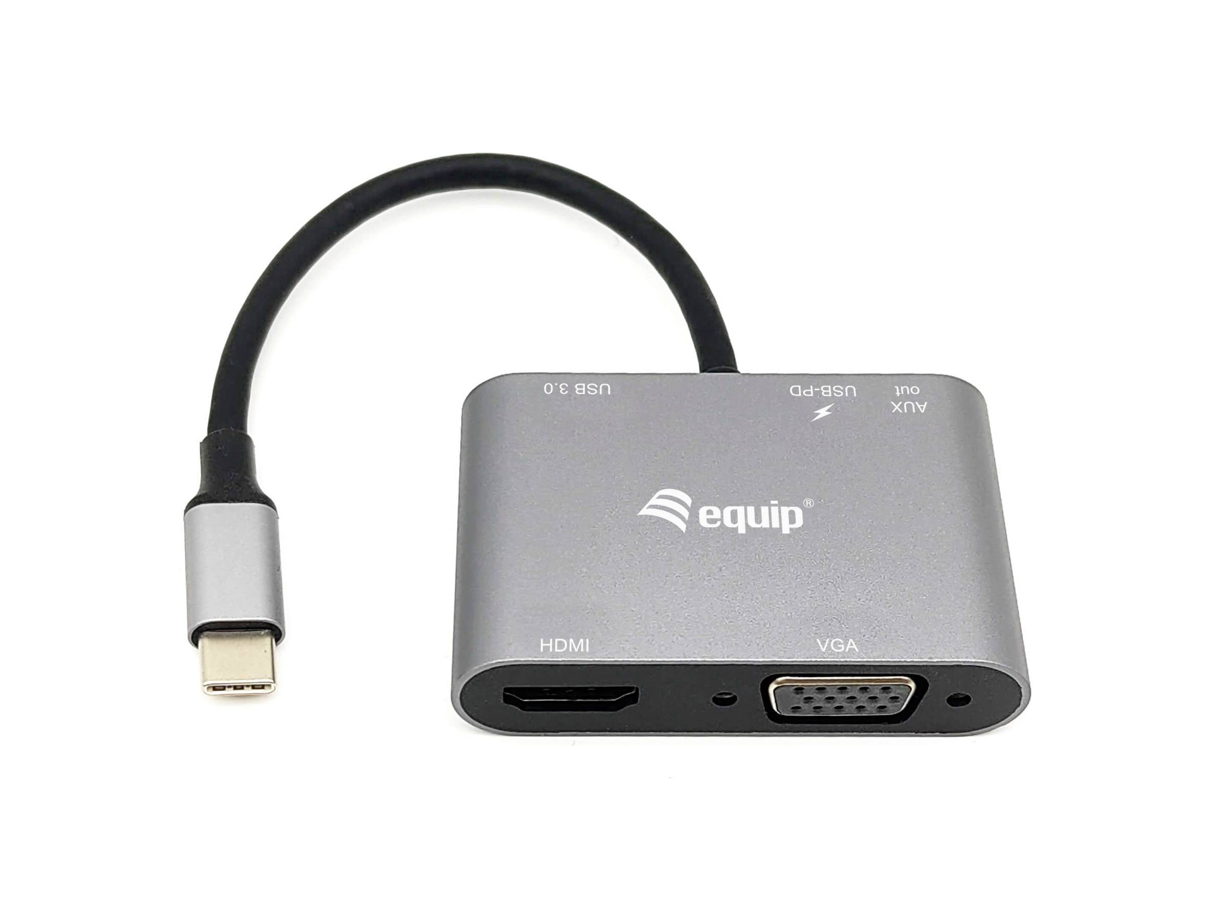 USB-C til HDMI og VGA-adapter med kort kabel, mærket 'equip' og 'USB 3.0', vist på hvid baggrund