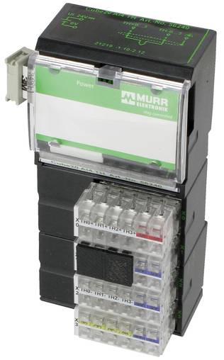 Industriel elektromagnetisk relæmodul mærket 'MURR ELECTRONIK' med transparente terminalblokke og grøn strømindikator.