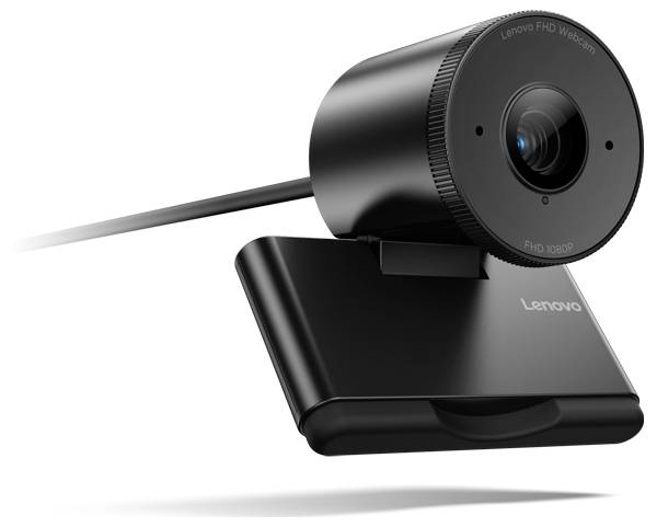 Sort Lenovo USB-webkamera på en klipbase med tilsluttet kabel, vist på hvid baggrund.