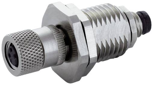 Metal-gevinderet industrisensor eller stik med riflet cirkulær ende og sekskantmøtrik, vist på hvid baggrund.