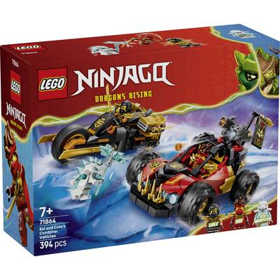 LEGO Ninjago Dragons Rising Kai og Coles kombinerede køretøjer byggekasket, der viser to ninja-køretøjer i en actionscene; 394 dele, fra 7 år og op.
