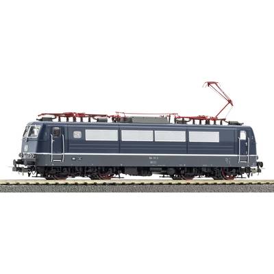 Sideview af et mørkeblåt elektrisk lokomotiv på skinner, med tagudfoldning til strømaftagning og flere vinduer.